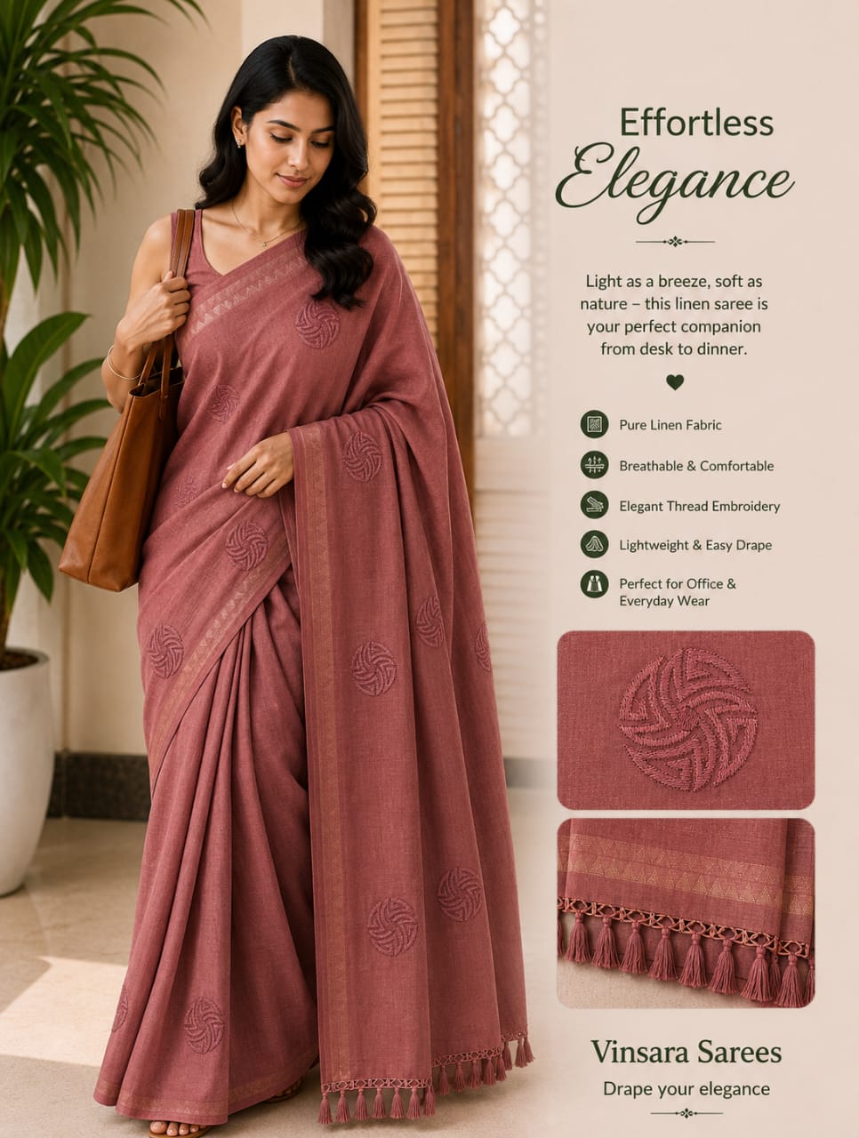 Linen Saree with Thread Embroidery & Tassel Border