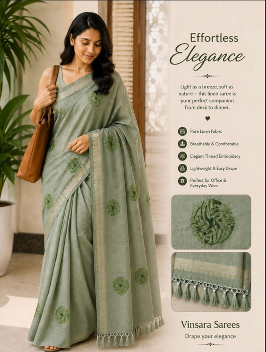 Linen Saree with Thread Embroidery & Tassel Border