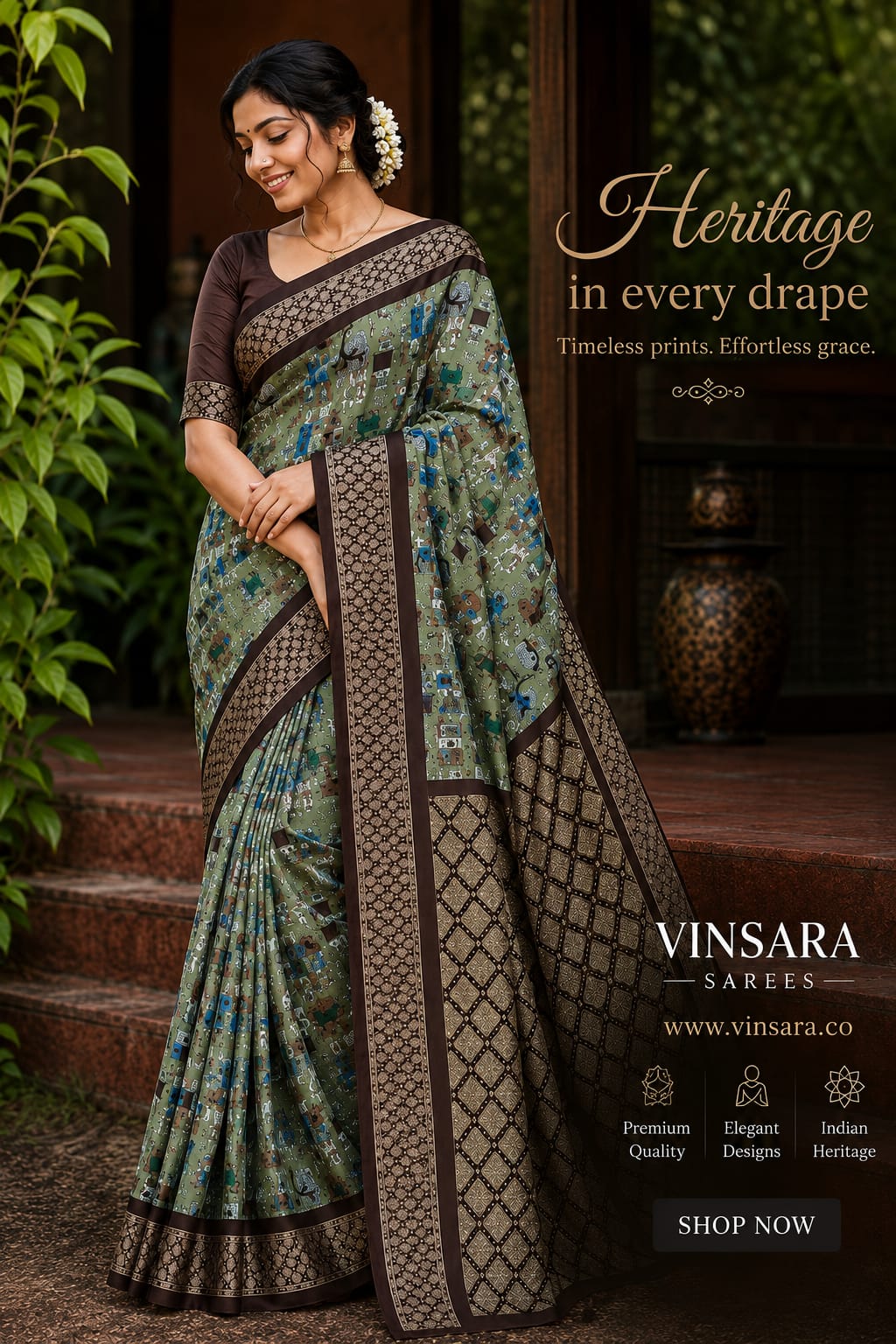 Kalamkari-Inspired Folk Art Print Saree