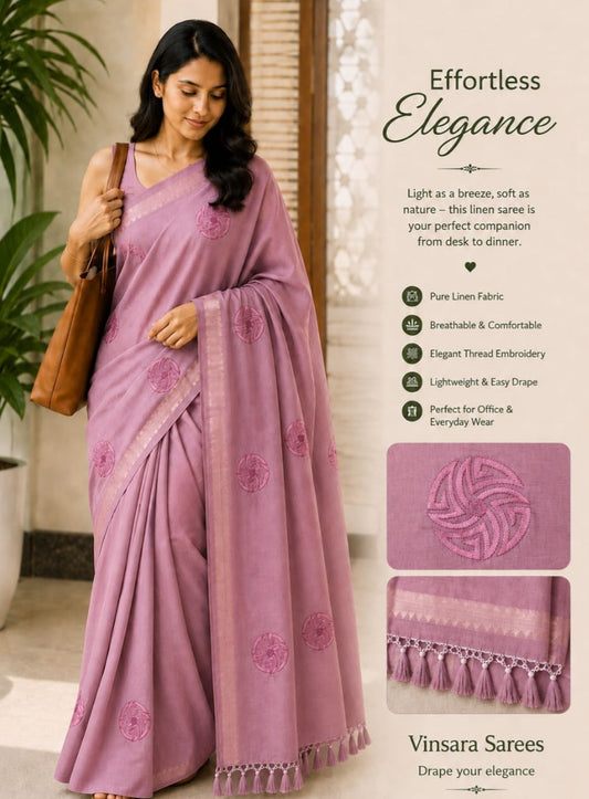 Linen Saree with Thread Embroidery & Tassel Border