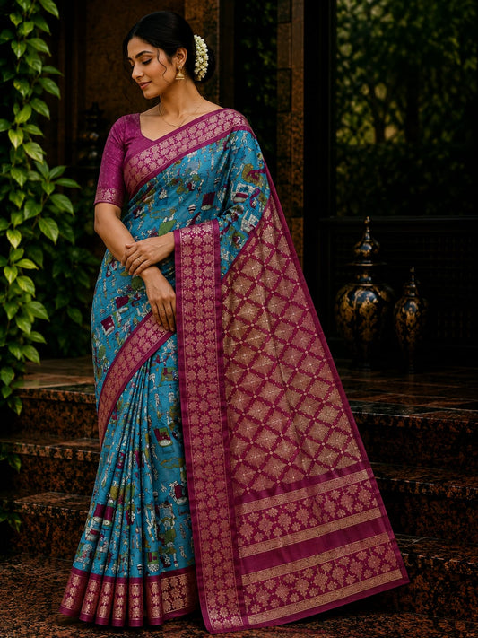 Kalamkari-Inspired Folk Art Print Saree